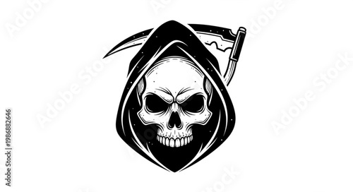 Hooded Grim Reaper Skull With Scythe Illustration.