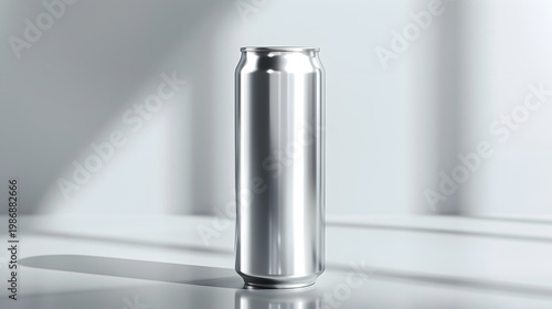 Silver soda can on white surface with shadow
