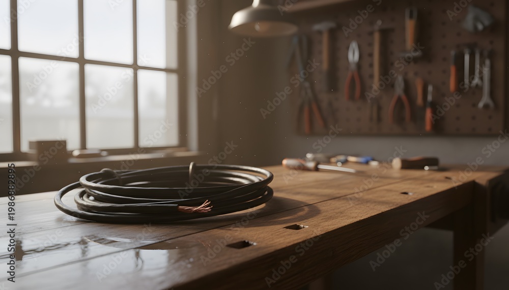 Fototapeta premium Coiled electrical cable on wooden workbench in workshop with tools representing repair work and electrical maintenance concept