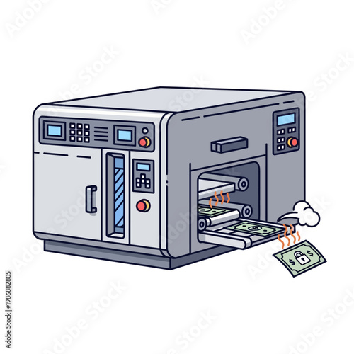 Money Printing Machine Pressing Banknotes with Lock Symbol