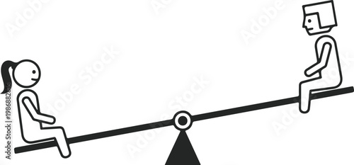 Stick figures sitting on a seesaw in balance