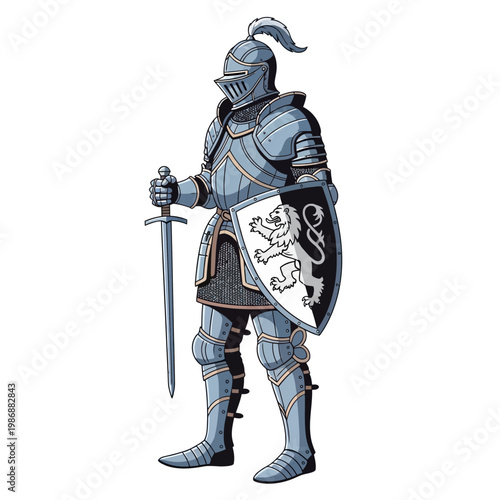 Medieval Knight In Full Armor Holding Sword and Shield with Lion Emblem