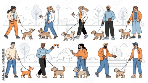 People walking dogs in illustration vector 2D CAD style outdoors