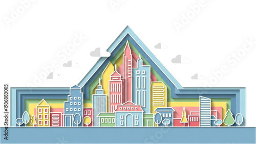 A vector 2D CAD illustration of a cityscape with buildings and vehicles in a graphic design.