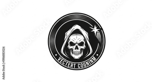 Hooded Grim Reaper Skull Emblem Circular Badge Design.
