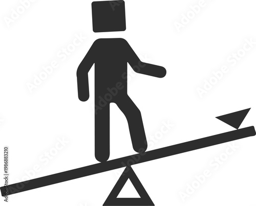 A black stick figure balancing on a seesaw isolated on white background