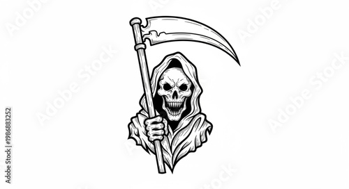 Hooded Grim Reaper Skeleton Holding Scythe Illustration.