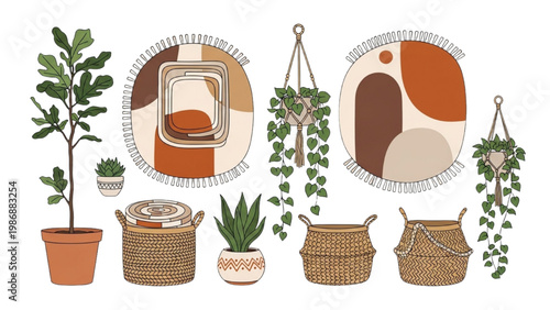 Vector illustration of plants and baskets with 2D CAD designs on walls