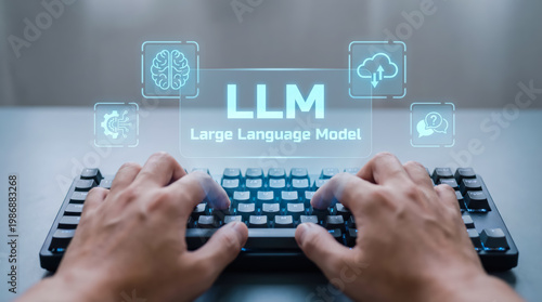 Hands typing on a mechanical keyboard with a digital holographic interface displaying llm large language model concept