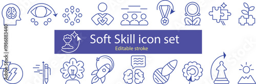 Soft Skills Line Icon Set – Personal Development and Communication Outline Vector Collection
