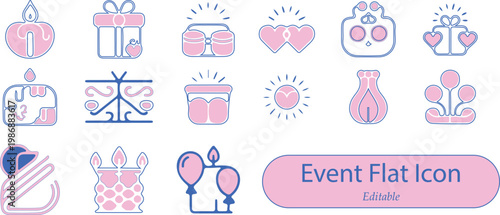 Celebration Event Flat Icon Set – Birthday Party and Festive Decorative Vector Collection