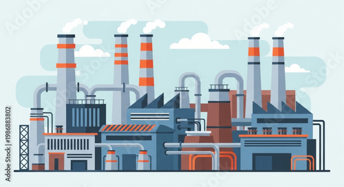 Industrial Factory Complex with Tall Chimneys Emitting Smoke.