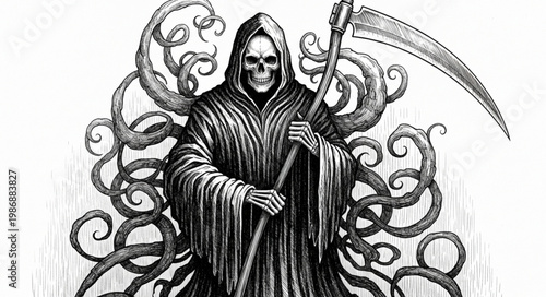 Hooded Grim Reaper Skeleton Holding Scythe Illustration.