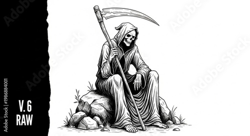 Hooded Grim Reaper Sitting With Scythe.