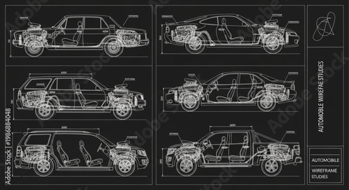 Automotive Engineering Blueprints Showing Vehicle Designs.