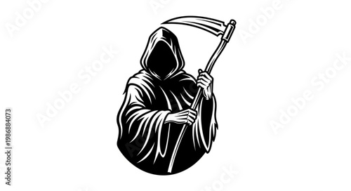 Hooded Grim Reaper Holding Scythe Black Illustration.