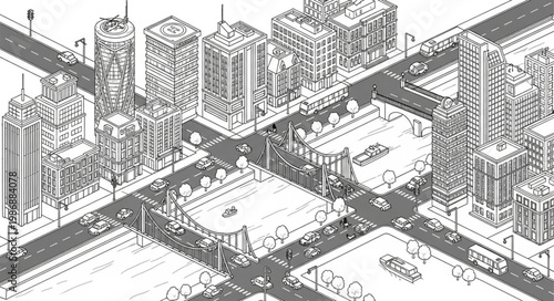 Isometric Cityscape Drawing With Buildings and Streets.