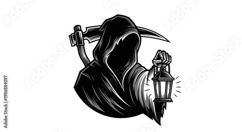 Hooded Grim Reaper Holding Scythe And Lantern Figure.