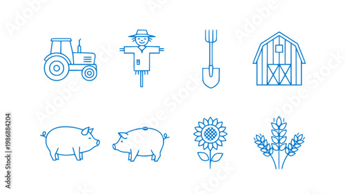 Icons with farming tools, plants, animals, and agriculture elements.