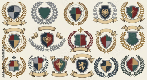 Collection of heraldic crests and shields with laurel wreaths.
