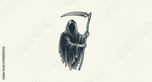 Hooded Grim Reaper Holding Scythe Illustration.