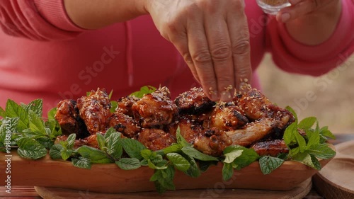 Chef sprinkling sesame seeds on roasted glazed chicken wings served on a wooden platter with mint leaves