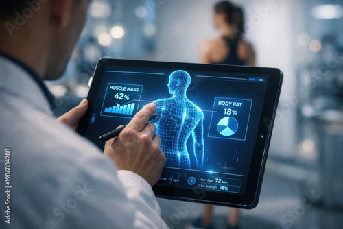 Medical professional analyzing body composition data on a tablet, displaying muscle mass and body fat percentage, with a blurred fitness environment in the background