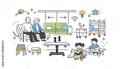 Smart home illustration with family and various devices
