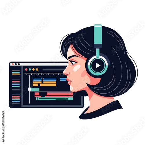 Video Editor With Headphones Working on Timeline Interface