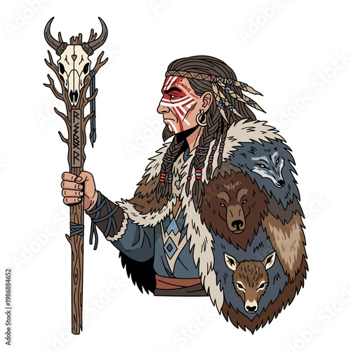 Tribal Shaman with Animal Totems and Rune Staff, Warrior Face Paint