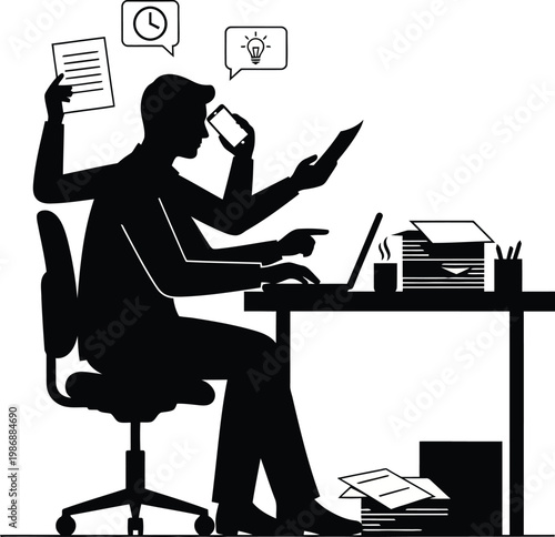 Busy Businessman Multitasking in Office Silhouette Illustration