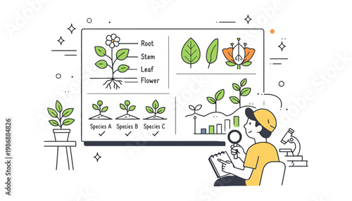 A botanist studying plant species in a detailed illustration vector