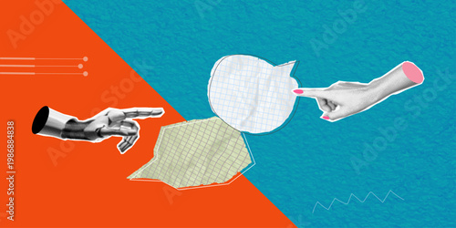 Trendy halftone pop art collage of intelligent assistant, creative device, internet icon, AI hand gesture showing hold contact