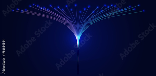 Futuristic fiber optic data stream, glowing neon lines, tech network light Fiber optics backgrounds for telecom, AI, fintech presentations, website headers Vector illustration.