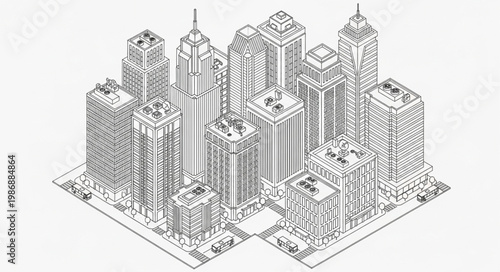 Detailed Isometric Sketch of a Modern City Skyline.