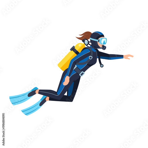 Woman Scuba Diver Underwater, Blue Wetsuit, Yellow Tank, Flippers, Freediving