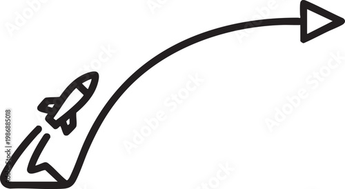 Rocket launch trajectory icon with trajectory direction progress