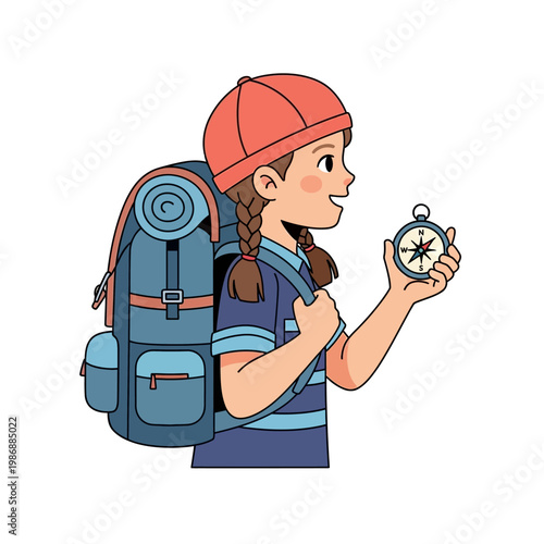 Young girl with backpack and compass on an adventure, cartoon style