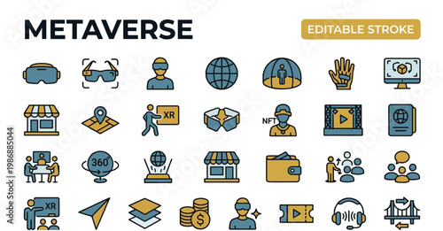 Metaverse Virtual Reality XR Technology Line Icons Color Vector