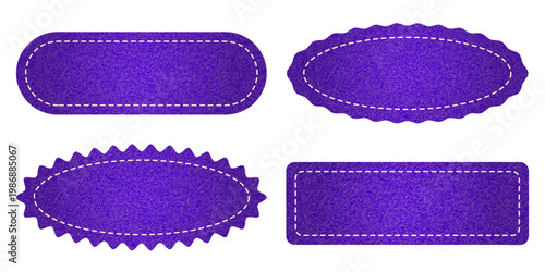 Set of purple denim texture patch shapes with dashed line stitching