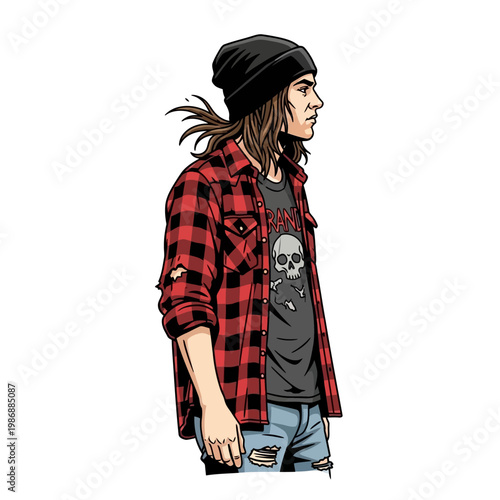 Young Man in Beanie and Flannel Shirt, Rocker Style, Skull T-Shirt, Ripped Jeans