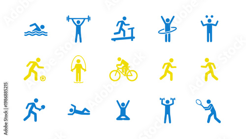 Icons featuring gym exercises, stretching, and athletic activities.