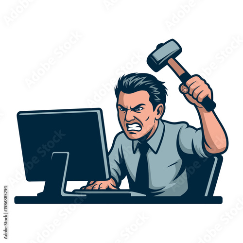 A cartoon man angrily holding a hammer while sitting at a computer desk