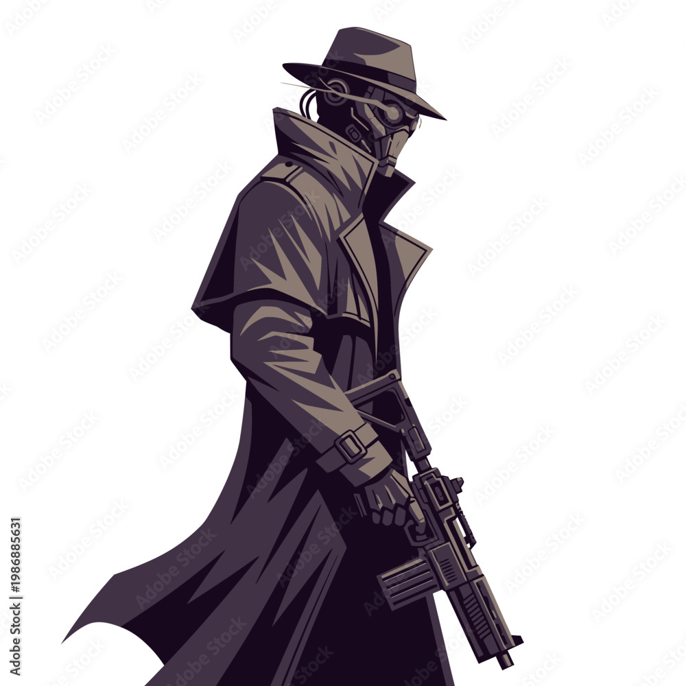Fototapeta premium Cyberpunk Detective with Rifle, Trench Coat and Hat, Sci-Fi Noir Character
