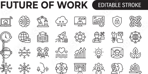 Future of Work Hybrid Workforce Outline Icons Monochrome Vector