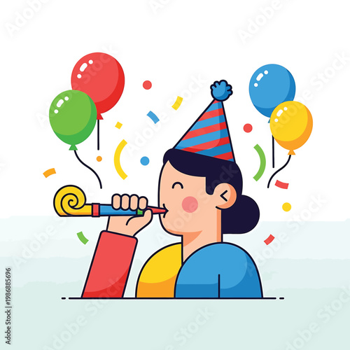 Woman Wearing Party Hat Blowing Horn.