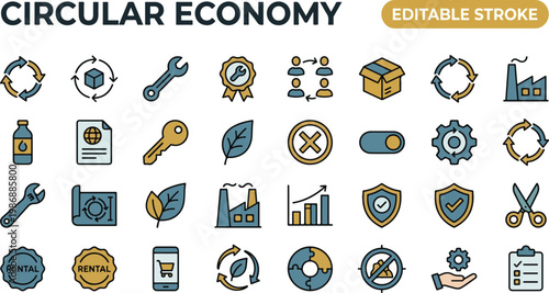 Circular Economy Sustainability Recycling Line Icons Color Vector