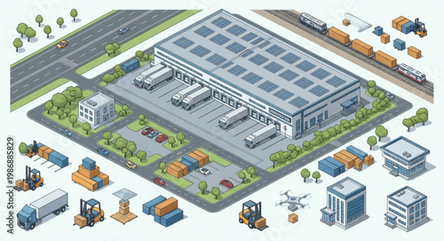 Isometric View of a Modern Logistics and Distribution Center.