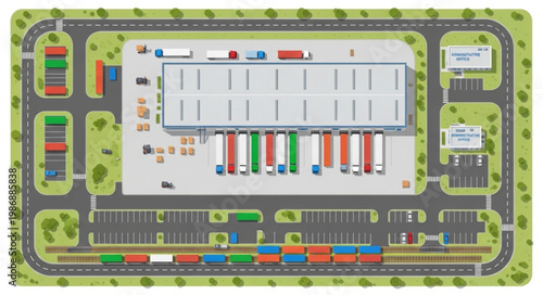 Top-Down View of a Distribution Center with Trucks and Parking.