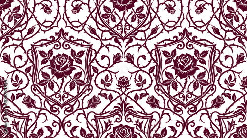 Intricate burgundy damask floral pattern with ornate repeating motifs for textile and graphic design.